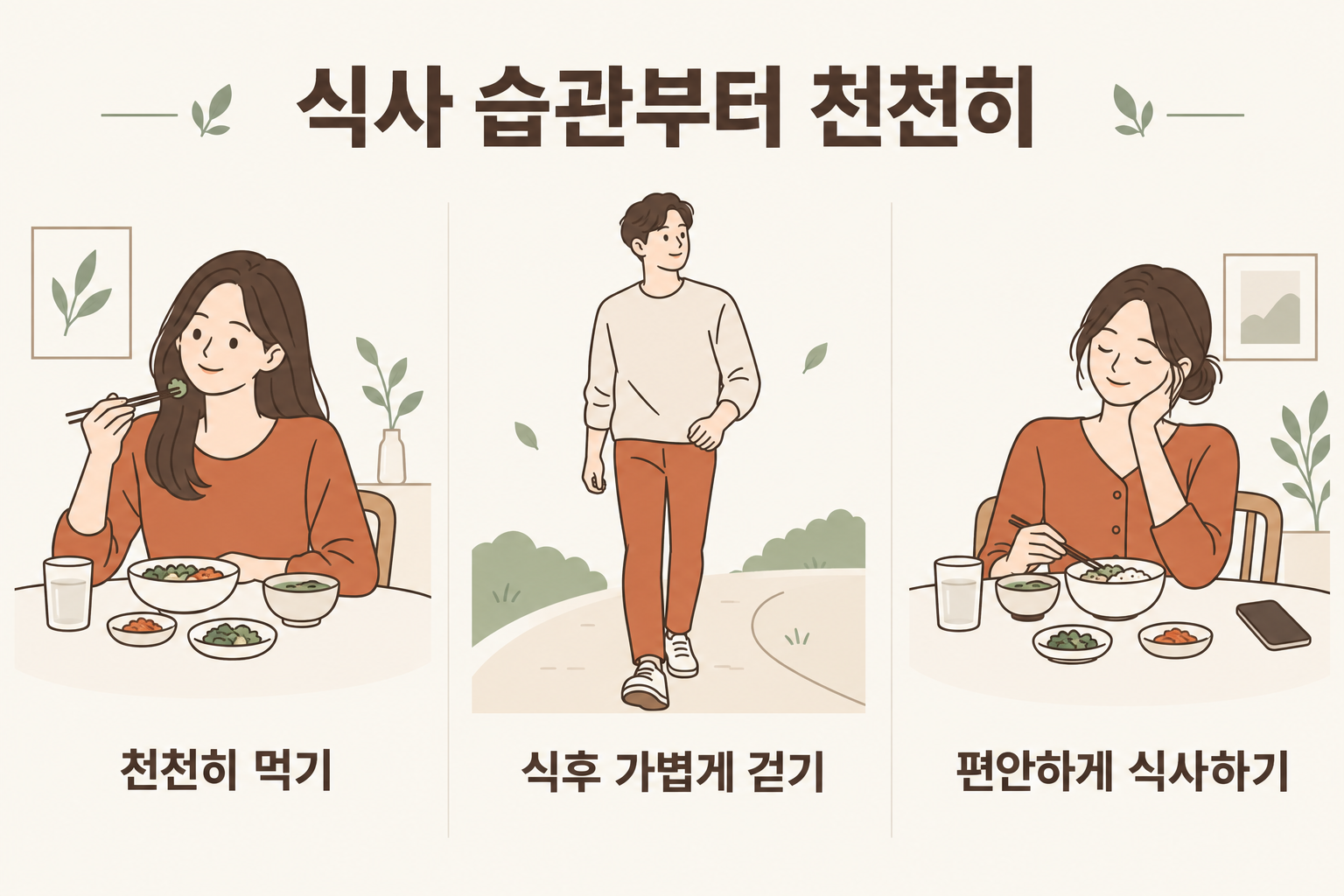천천히 먹기, 식후 가볍게 걷기, 편안하게 식사하기를 설명하는 생활습관 그림