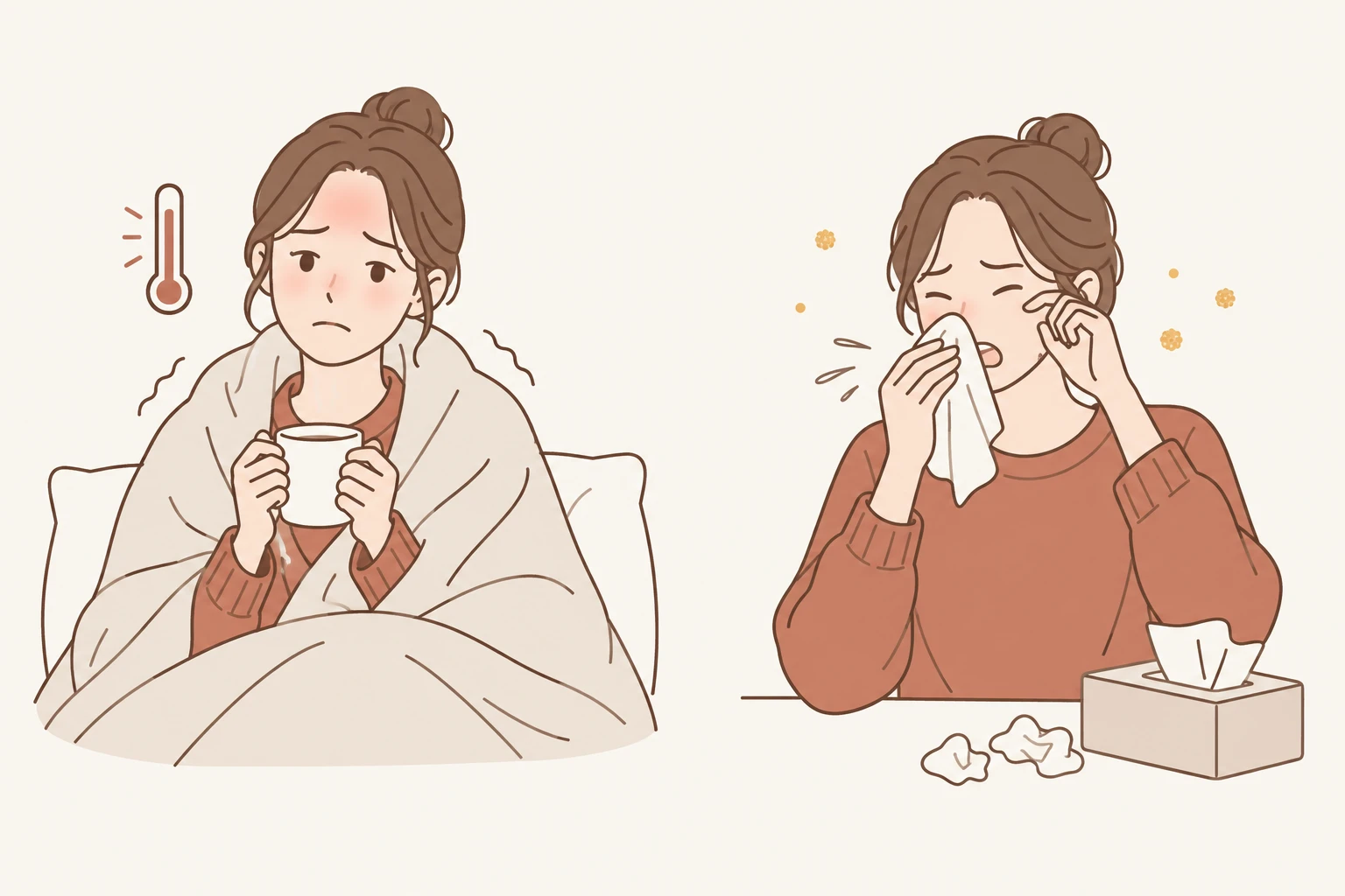 담요를 두르고 열이 나는 감기와, 재채기하며 코와 눈을 만지는 비염을 비교한 그림